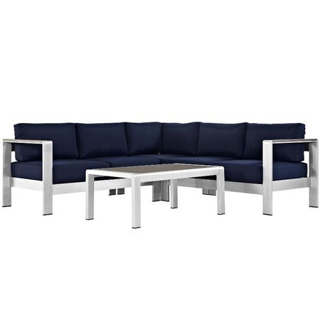 MODWAY Shore Outdoor Patio Aluminum Sectional Sofa Set, Silver and Navy - 4 Piece EEI-2559-SLV-NAV